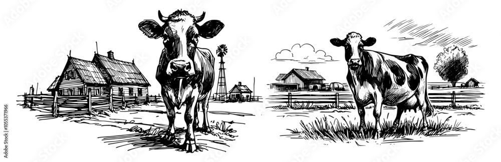 Detailed illustration of cow on farm with barns – black vector art ...