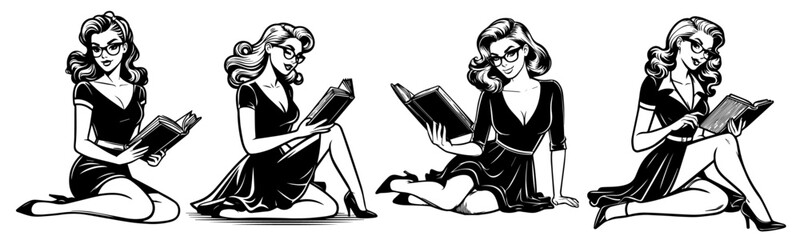 Wall Mural - classic pin-up style teacher character with book, retro fashion, black vector