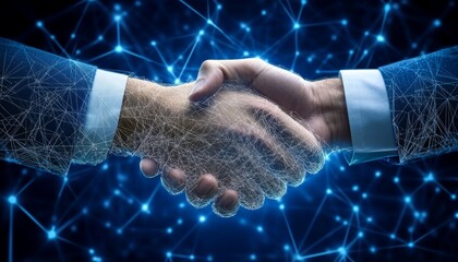 Poster - Businessmen Shaking Hands, Symbolizing Digital Partnership and Technology Network Connectivity