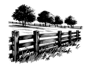 set of rural fence and trees in vintage black vector