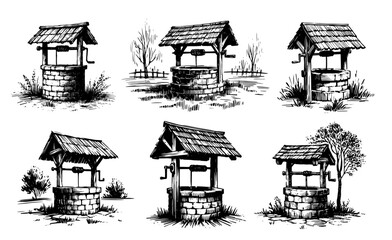 Wall Mural - expressive line art of a rustic well, emphasizing cultural heritage and old-world charm black vector