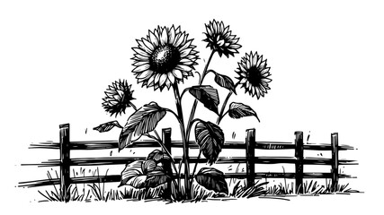 Wall Mural - beautiful sunflower plants along old fence, black vector drawing