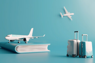 Wall Mural - 3D-style artwork featuring baggage and airplanes on a passport with a blue backdrop. Suitable for travel agencies, blogs, flight promotions, and tourism marketing