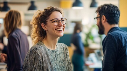 Aufkleber - Young woman laughing with coworker in modern office environment