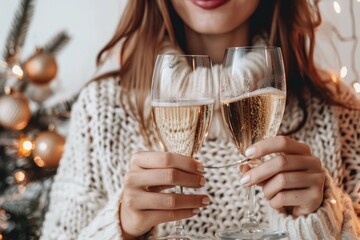 A woman holds two glasses of champagne in front of a decorated Christmas tree