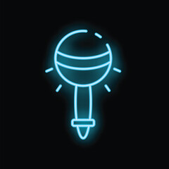 Poster - Bright blue neon icon of a baby beanbag rattle glowing on a black background