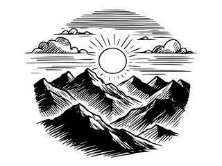 Wall Mural - sunset over rugged mountain landscape, hand-drawn black vector art