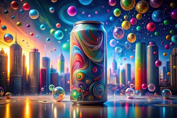 An abstract representation of a soda can filled with colorful bubbles and swirling patterns in a futuristic cityscape, urban, can, bubble, illustration