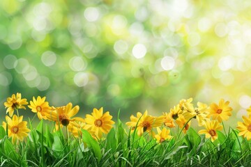 A cluster of bright yellow flowers sits atop a vibrant green field, offering a pop of color and beauty