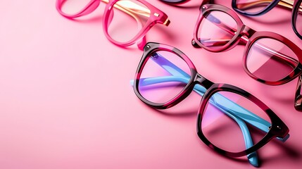 stylish presentation of different glasses on pink background closeup