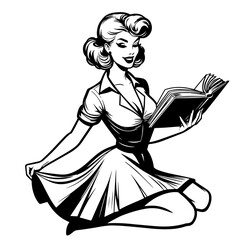 Wall Mural - charming pin-up girl illustration with book and dress, celebrating beauty and intelligence in classic style black vector