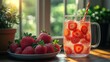 © kucret - A glass of refreshing strawberry soda with a straw,  on a table next to a plate of fresh strawberries with a window in the background.