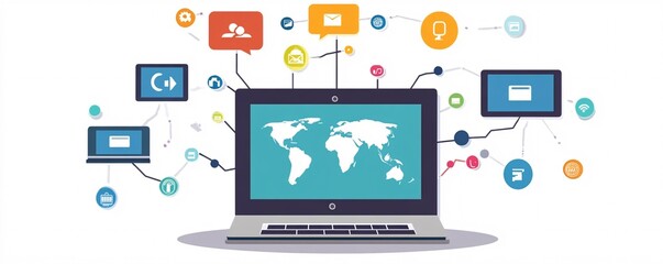 Poster - Laptop showing world map connected to global communication network