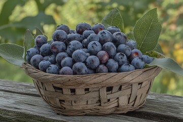 Freshly picked blueberries in a rustic basket resting on a wooden table surrounded by lush greenery in the summer