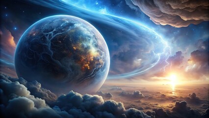 Wall Mural - an image of a distant planet with a thick atmosphere and a stormy weather system, stormy weather, ce