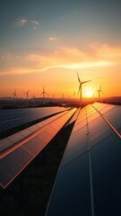 A stunning landscape featuring solar panels and wind turbines at sunset symbolizing renewable energy and sustainable future solar panel Ultra realistic Photorealistic 