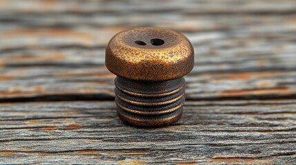 Close-up of a Copper-toned Button on Weathered Wood