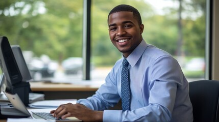 Poster - A man in a blue shirt and tie is smiling and working on a laptop