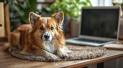 Canvas Print - Pet-friendly workspace concept. A cozy Corgi rests on a rug beside a laptop surrounded by greenery capturing a warm inviting home office atmosphere