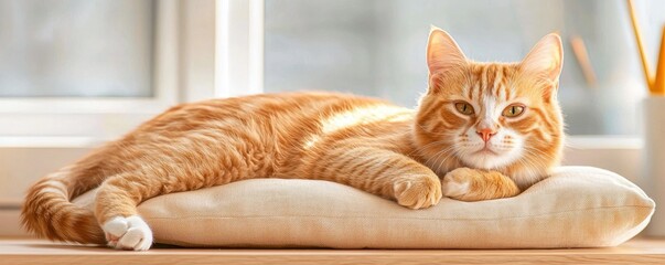 Canvas Print - Pet-friendly workspace concept. A cozy ginger cat lounges comfortably on a textured cushion by a window enjoying a warm and serene indoor atmosphere