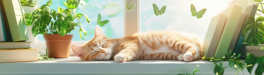 Sticker - Pet-friendly workspace concept. An illustration of cozy orange cat naps peacefully on a windowsill surrounded by plants and butterflies with soft sunlight streaming in