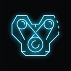 Poster - Glowing neon line car engine icon isolated on black background. Cylinder piston engine. Vector illustration