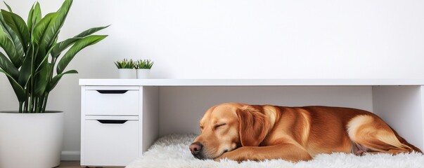 Canvas Print - Pet-friendly workspace concept. A peaceful living space featuring a sleeping dog under a white desk complemented by greenery and a cozy rug