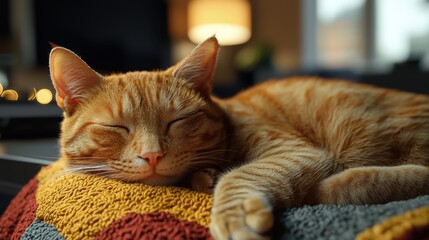 Canvas Print - Pet-friendly workspace concept. A peaceful orange cat sleeps soundly on a colorful blanket radiating warmth and comfort in a cozy home environment