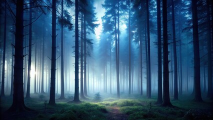 Wall Mural - Dark forest landscape with tall trees and misty atmosphere at dusk, landscape, foggy