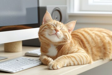 Sticker - Pet-friendly workspace concept. A relaxed orange cat rests beside a computer enjoying the warmth of the sun in a cozy indoor setting