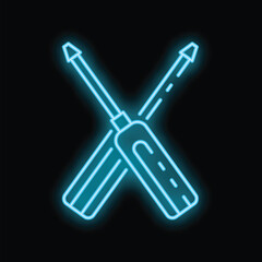 Poster - Blue neon icon of two crossed screwdrivers glowing on dark background, representing technical support and repair service