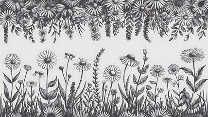 Vector wildflowers floral botanical flowers. Wild spring leaf wildflower isolated. Black and white engraved ink art. Seamless background pattern. Fabric wallpaper print texture.