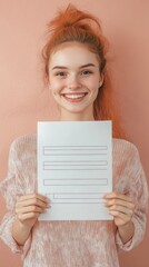 Model holds a blank questionnaire form, smiling warmly against a soft fabric backdrop