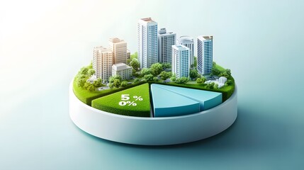 
A modern 3D floating pie chart with 7 pieces divided into 65%,13%,7%,5%,5%,3% and 2%. The chart is rendered with grass and buildings on top. The chart is set against a white and blue gradient backgro