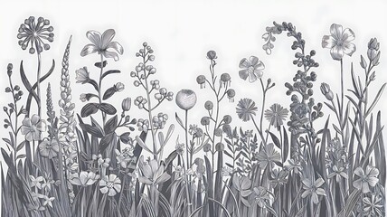 Vector wildflowers floral botanical flowers. Wild spring leaf wildflower isolated. Black and white engraved ink art. Seamless background pattern. Fabric wallpaper print texture.