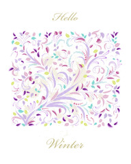 Fototapete - hello winter. invitation card with floral swirl pattern. leafy ornament against grungy splash background