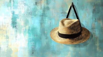 Stylish straw hat hanging against an artistic blue and beige abstract background.