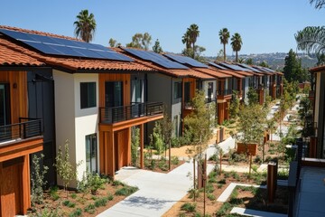 A row of houses with solar panels on the roofs