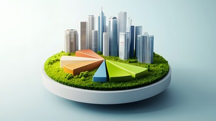 
A modern 3D floating pie chart with 7 pieces divided into 65%,13%,7%,5%,5%,3% and 2%. The chart is rendered with grass and buildings on top. The chart is set against a white and blue gradient backgro