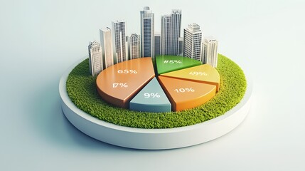 
A modern 3D floating pie chart with 7 pieces divided into 65%,13%,7%,5%,5%,3% and 2%. The chart is rendered with grass and buildings on top. The chart is set against a white and blue gradient backgro