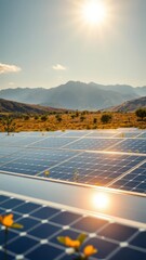 Vibrant solar panels in a sunlit landscape with mountains in the background emphasizing renewable energy and sustainability solar panel Ultra realistic Photorealistic 