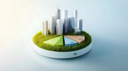 Wall Mural - 
A modern 3D floating pie chart with 7 pieces divided into 65%,13%,7%,5%,5%,3% and 2%. The chart is rendered with grass and buildings on top. The chart is set against a white and blue gradient backgro