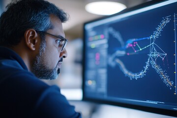 Poster - man analyzing data on computer screen in dark room