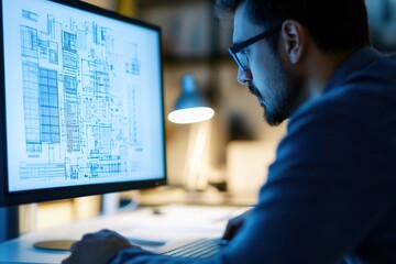 Poster - Architect reviews blueprints on computer screen at night