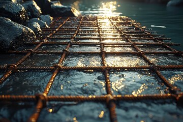 Wall Mural - A Close-Up of a Rusty Wire Mesh Grid Submerged in Water with Sun Reflecting Off the Surface