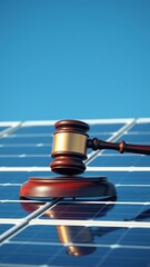 Gavel on solar panels symbolizing renewable energy laws solar panel Ultra realistic Photorealistic 