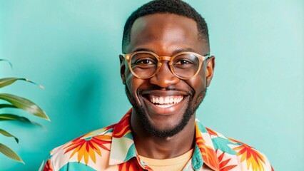 smiling african man with glasses on blue background