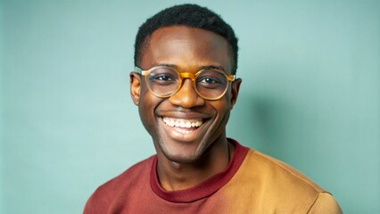 smiling african man with glasses on blue background