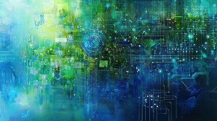 Poster - An intricate digital landscape showcasing a network of interconnected nodes and circuits,