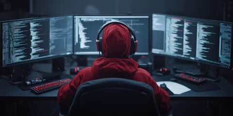 Cyberpunk hacker in dark room with multiple glowing screens for tech design